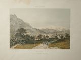une vieille gravure représentant une vallée avec une montagne en arrière-plan