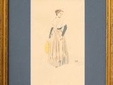 tableau représentant une femme en robe rayée tenant un parapluie jaune