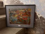 a picture of a painting hanging on a wall next to a set of stairs
