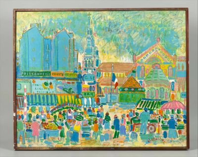 une peinture à l'huile représentant une ville où il y a beaucoup de monde