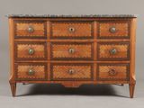 an antique chest of drawers with marble top and wooden drawers