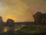 painting of a sunset over a river with cattle grazing in the foreground