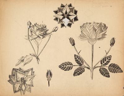 un vieux dessin représentant des fleurs et des feuilles sur une feuille de papier