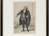 a black and white drawing of a man in a coat