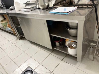 a kitchen counter with a bunch of pots and pans on it
