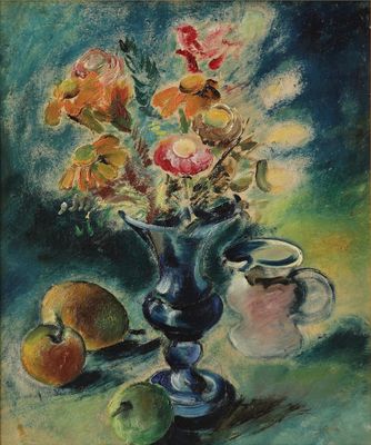 tableau représentant un vase bleu avec des fleurs et des fruits posés sur une table