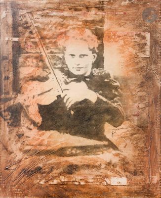 an old photo of a man holding a violin in a wooden frame