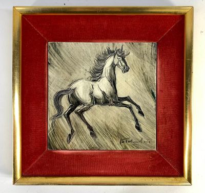 painting of a running horse in a red frame on a white wall