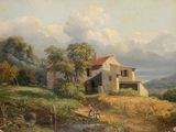 une vieille peinture représentant une maison sur une colline, avec une rivière au premier plan