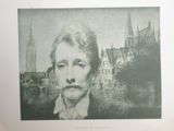 drawing of a man with a mustache in front of a castle