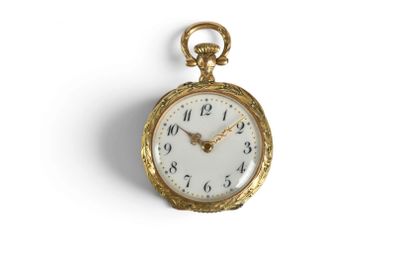 a gold pocket watch with a white face on a white background