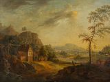 an image of a painting of a landscape with a house and a tree