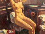 an oil painting of a nude woman sitting on a bed in front of a dresser
