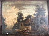 un vieux tableau représentant une scène de village avec un homme et une femme à cheval