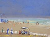 un tableau représentant une scène de plage avec des personnes se promenant sur le sable
