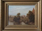 une peinture d'un paysage avec une rivière au premier plan