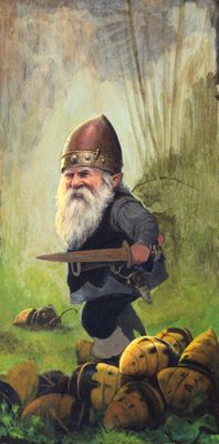 painting of an old man with a beard and a long beard holding a rifle