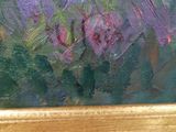 a painting of purple flowers in a vase on a table