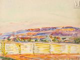an image of a painting of a boat in a body of water with a mountain in the background