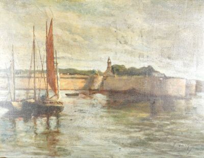 un tableau représentant des bateaux sur l'eau, avec un phare en arrière-plan