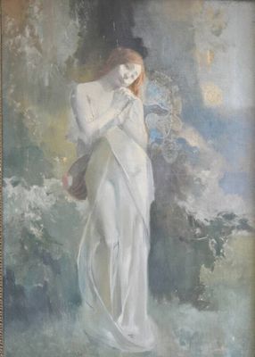 une peinture à l'huile représentant une femme en robe blanche tenant une fleur