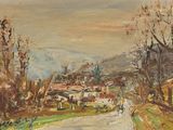 an image of a painting of a country road with houses in the distance