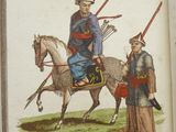 an old book with a picture of a man on a horse