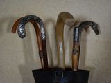 three old walking canes in a black bag