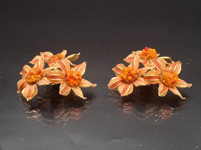 une paire de fleurs orange et jaunes sur un fond noir