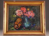 a painting of flowers in a blue vase on a table