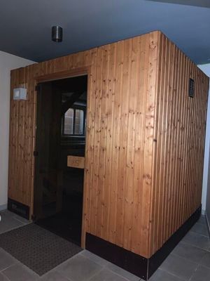 une salle de bains avec des toilettes et une cabine de douche en bois