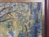 an oil painting of a tree with birds flying around it