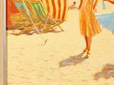an oil painting of a woman walking on a beach with umbrellas
