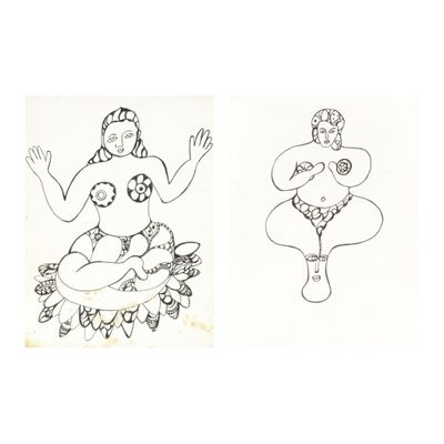 deux dessins représentant une femme assise sur une fleur
