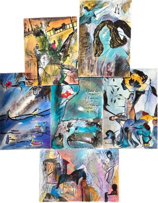plusieurs tableaux représentant des personnes et des animaux sont présentés sous forme de collage
