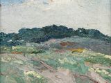 an image of a painting of a field with a hill in the background
