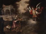 une image représentant un tableau où l'on voit un ange et une femme assis sur un banc