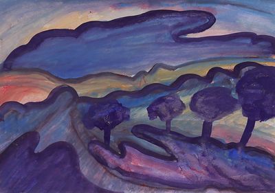 un tableau représentant un paysage avec des arbres au premier plan