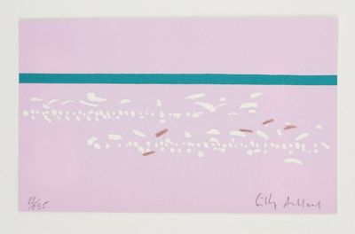 purple and blue painting of birds flying over a body of water