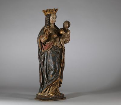 Poupée de Malines, Vierge à l’Enfant en bois sculpté et part… - Photo 1