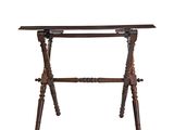 an old wooden table with a glass top on a white background