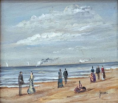 une peinture représentant un groupe de personnes marchant sur la plage