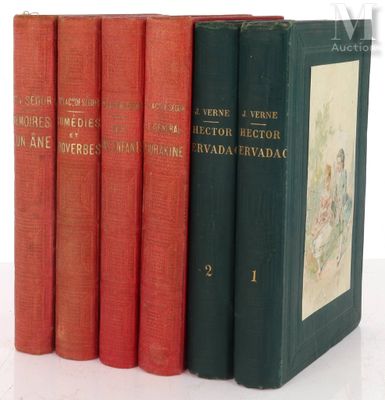 four red and green books sitting on top of each other