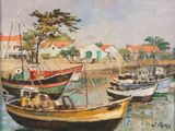painting of boats in a harbor with houses in the background