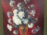 a painting of flowers in a vase on a table