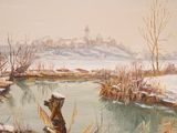 a painting of a winter scene with a river in the foreground