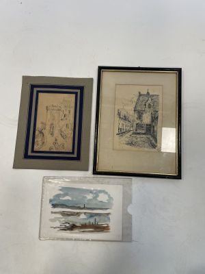 three framed pictures of a house and a boat on a wall