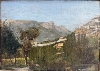 an oil painting of a view of a mountain range with a road in the foreground and trees in the foreground
