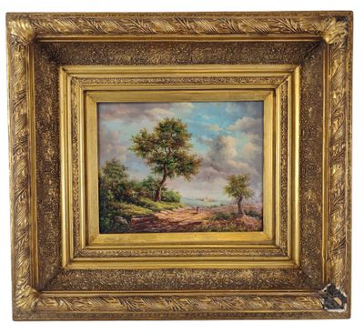 a painting of a landscape with trees and clouds
