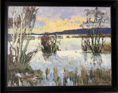 an oil painting of a lake with trees in the background